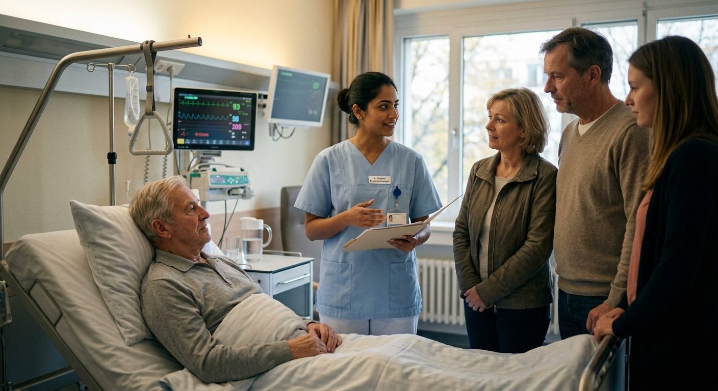 Pflegefachkraft im Gespräch mit Patient und Angehörigen in einem deutschen Krankenhaus