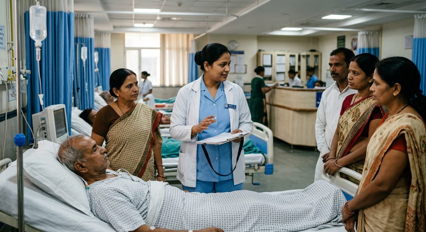 Pflegefachkraft im Gespräch mit Patient und Angehörigen in einem indischen Krankenhaus